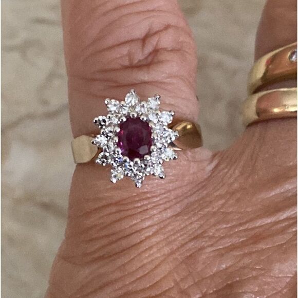 14K Natural Burmese Ruby & Diamond Cluster Ring - Picture 3 of 13